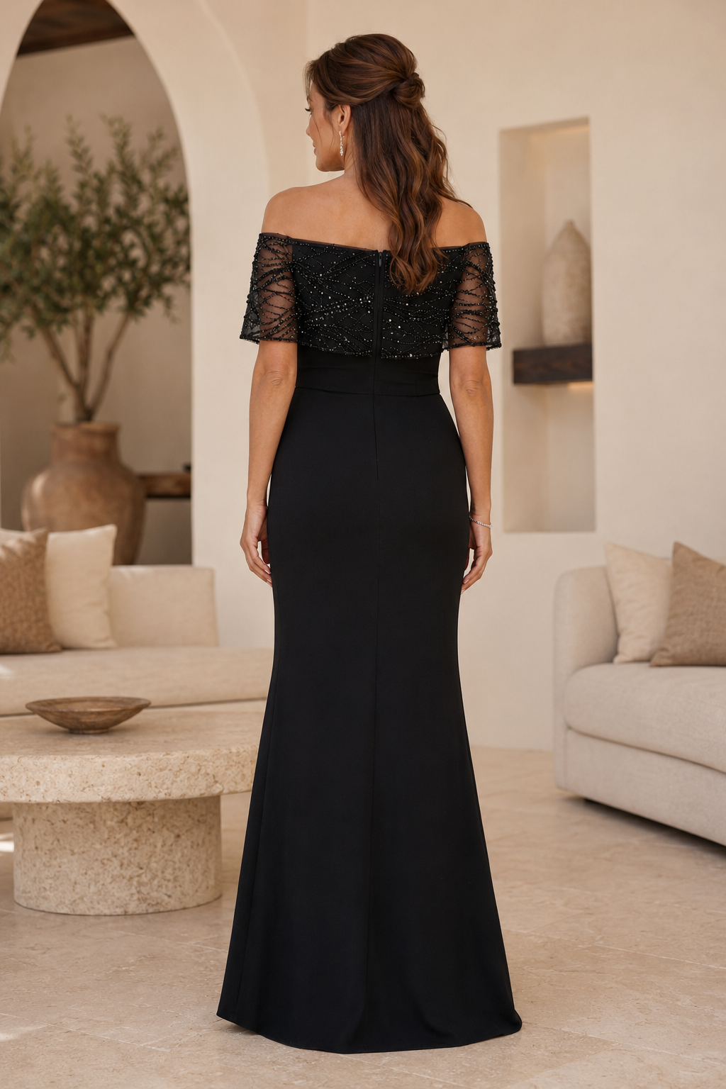 Off-the-Shoulder Beaded Overlay Evening Gown with High Slit