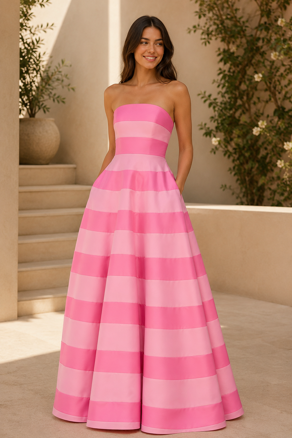 Striped Strapless A-Line Satin Ball Gown