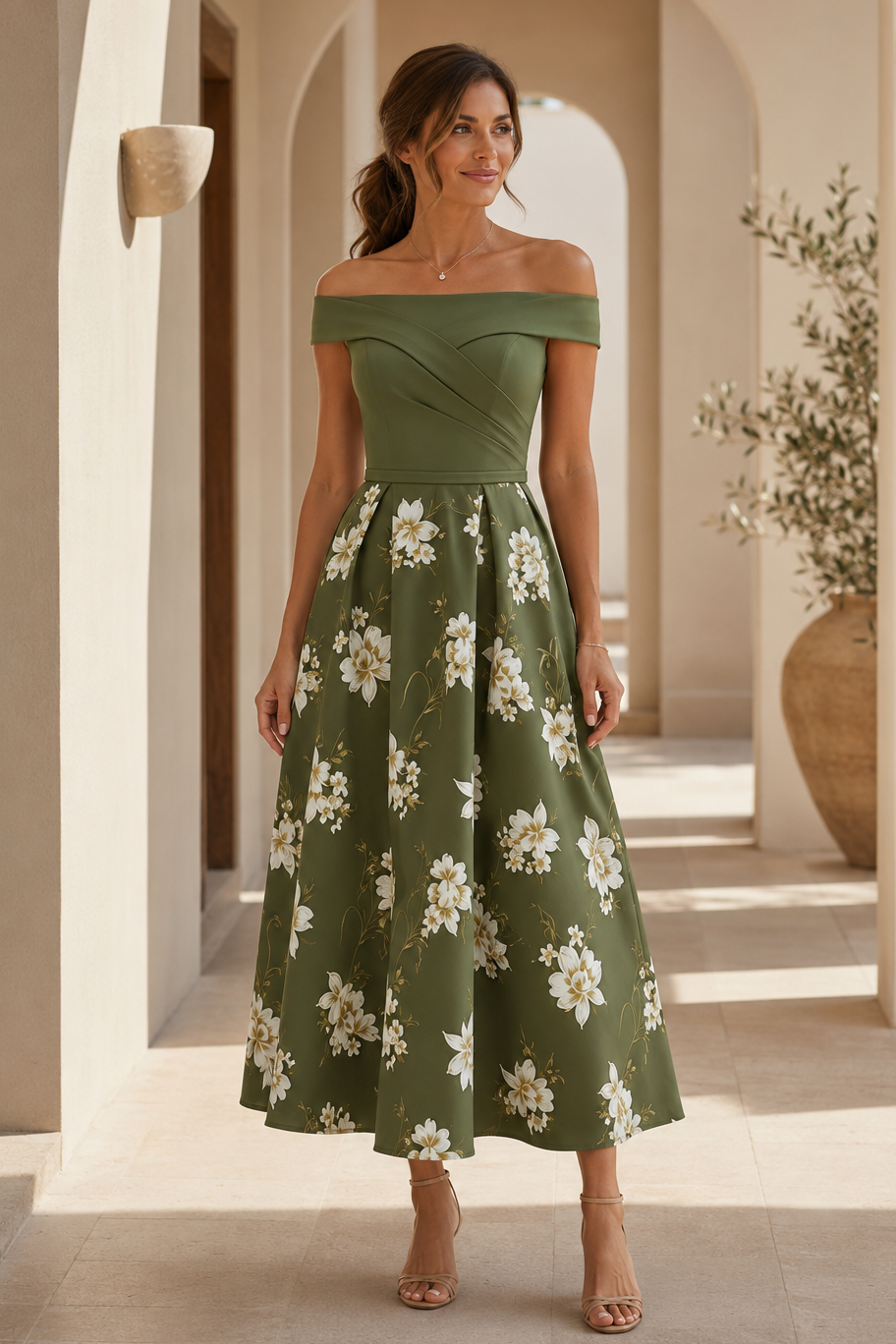 Off-the-Shoulder Floral Print A-Line Midi Dress