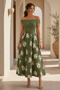 Off-the-Shoulder Floral Print A-Line Midi Dress
