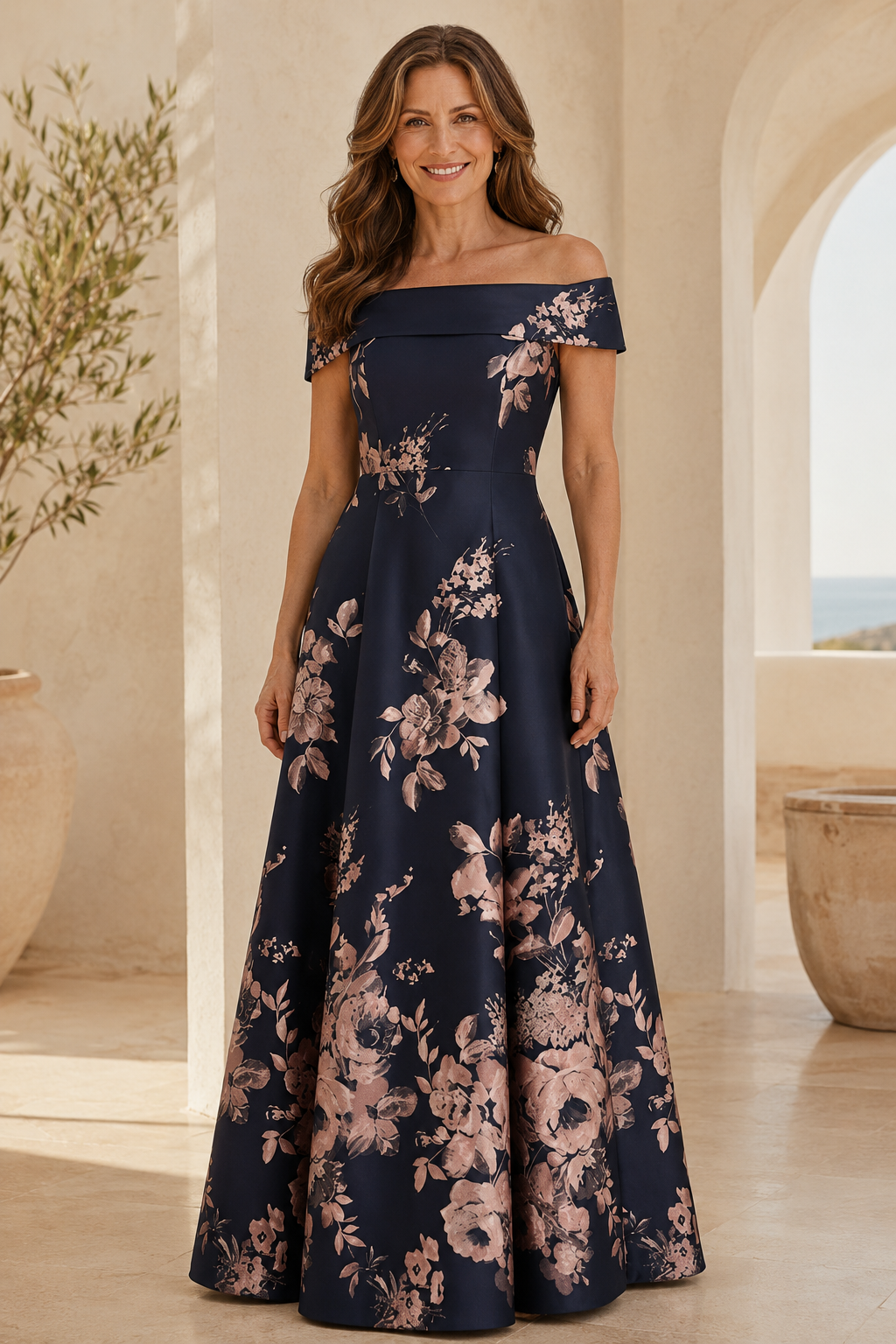 Off-the-Shoulder Floral A-Line Evening Gown