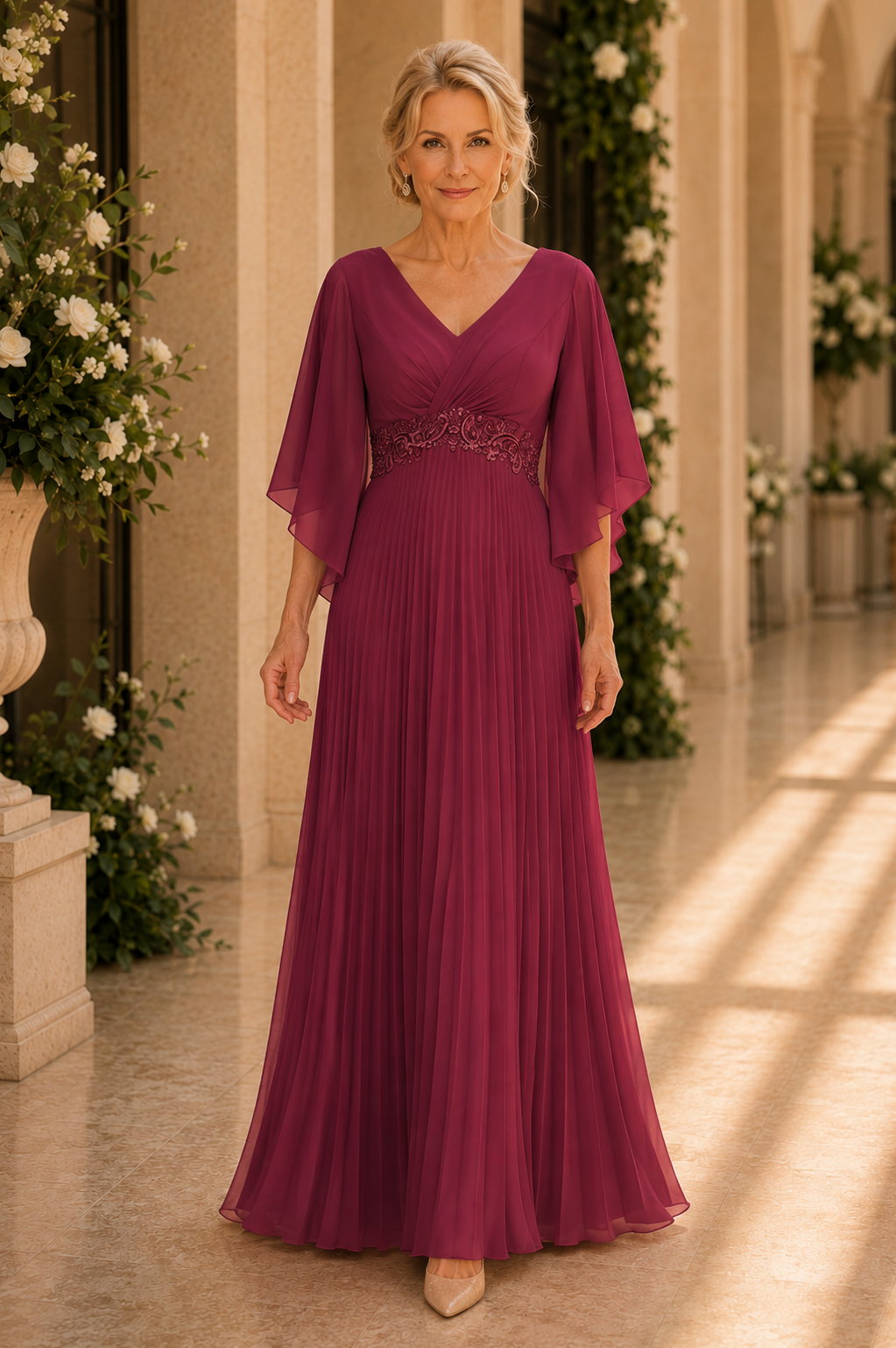 Pleated Chiffon A-Line Gown with Flutter Sleeves
