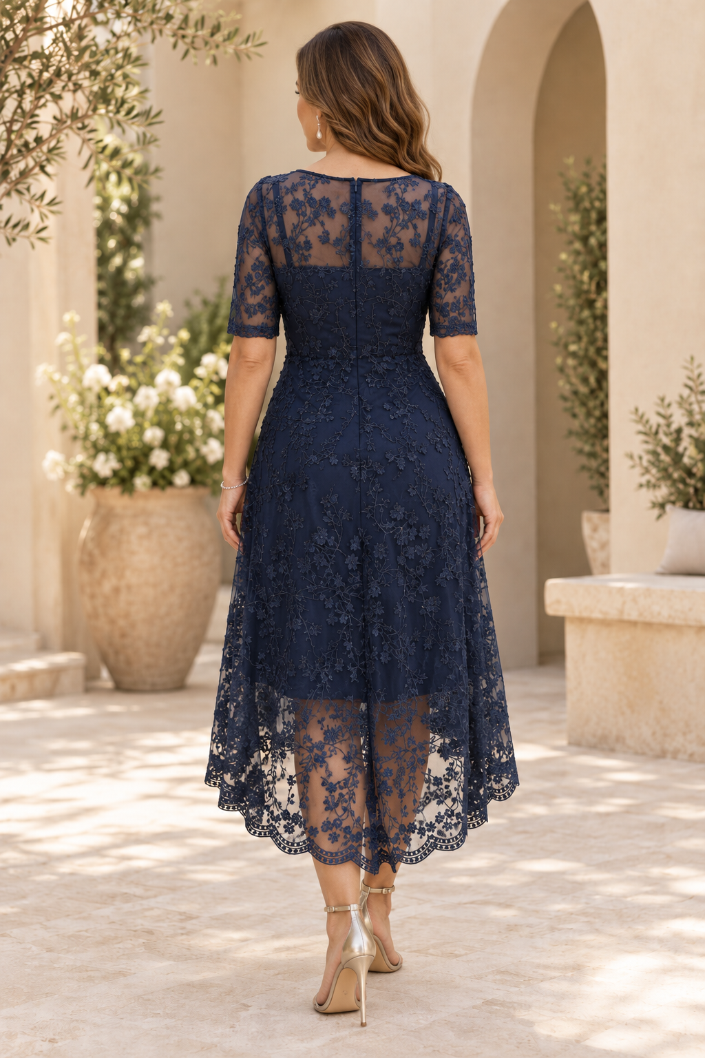 Floral Lace High-Low Dress with Short Sleeves