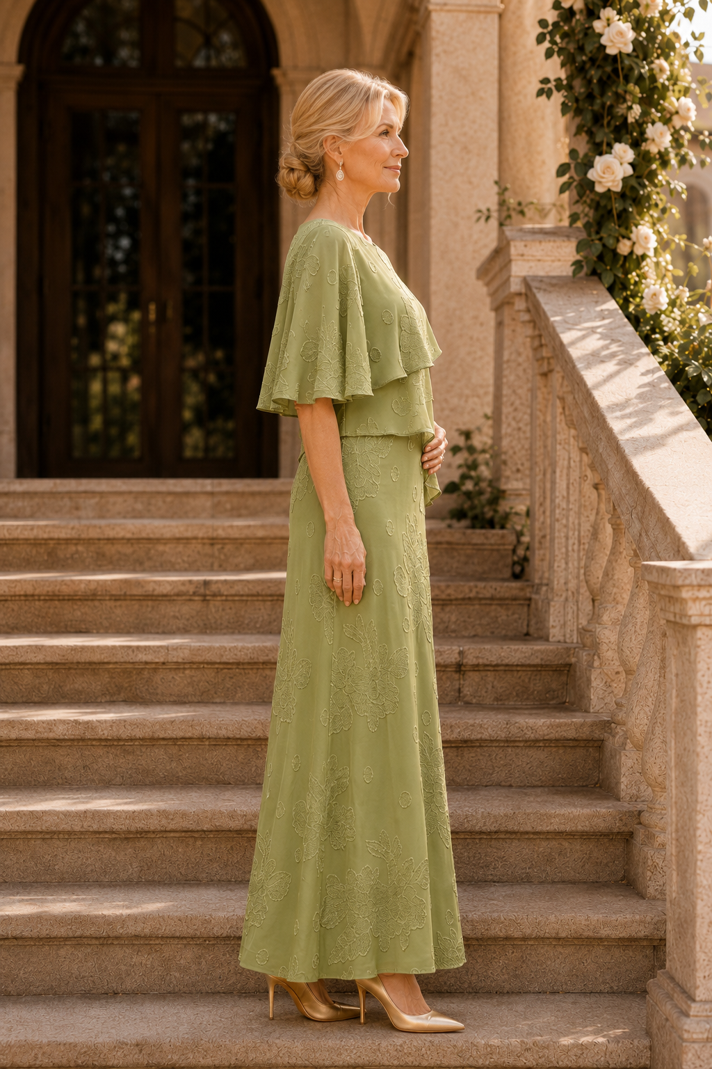 Floral Textured Tiered Capelet Maxi Dress