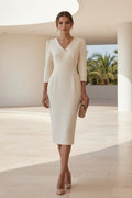 V-Neck 3/4 Sleeve Midi Sheath Dress with Button Detail