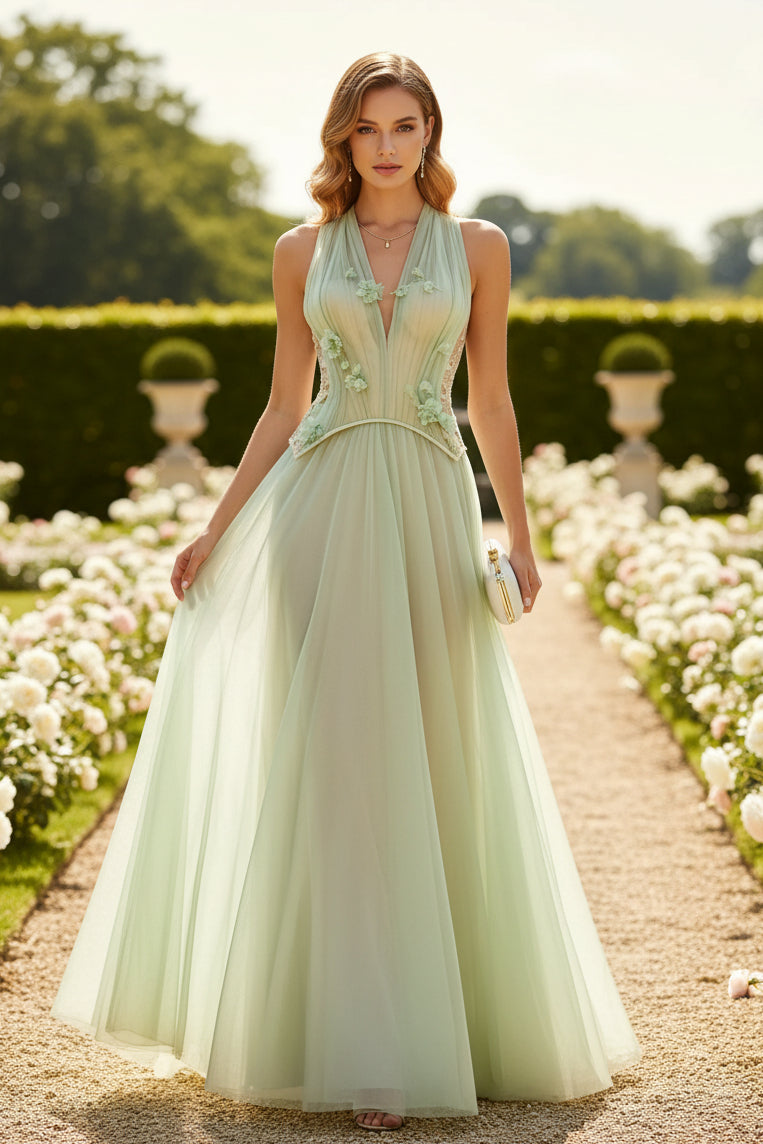Romantic 3D Floral A-Line Tulle Evening Gown