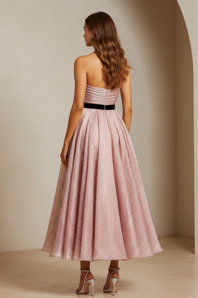Strapless Ruched A-Line Tea-Length Dress