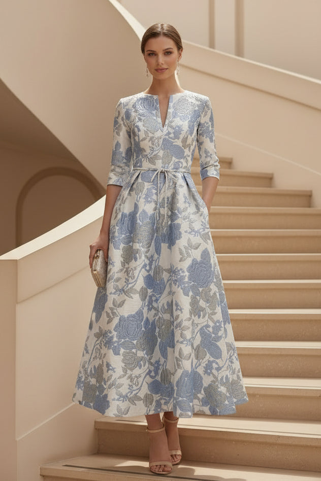 Floral Jacquard A-Line Midi Dress with Pockets