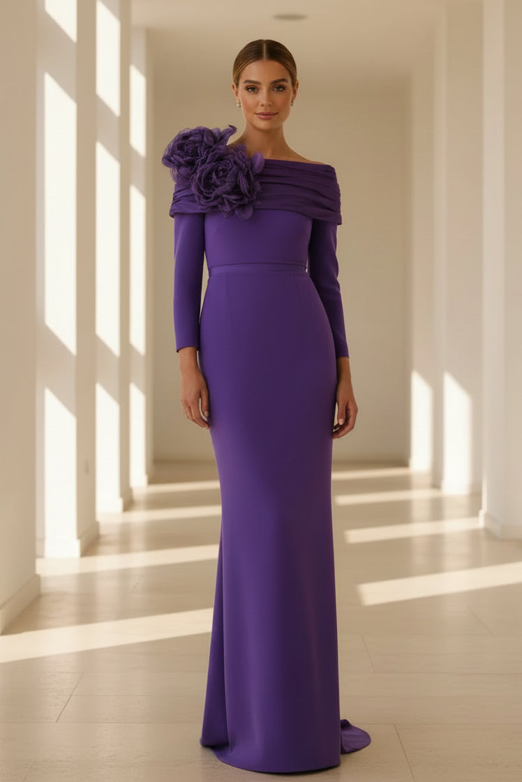 Off-the-Shoulder Long Sleeve Gown with 3D Flowers