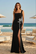 Square Neck Evening Gown with Crystal Rose Slit