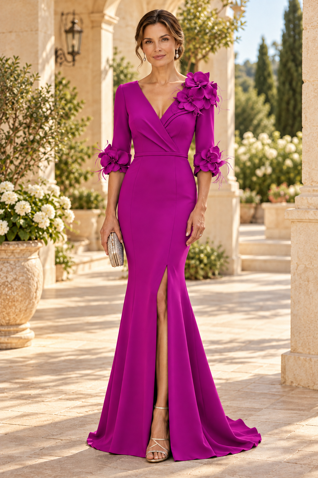 V-Neck Mermaid Gown with 3D Floral Appliques