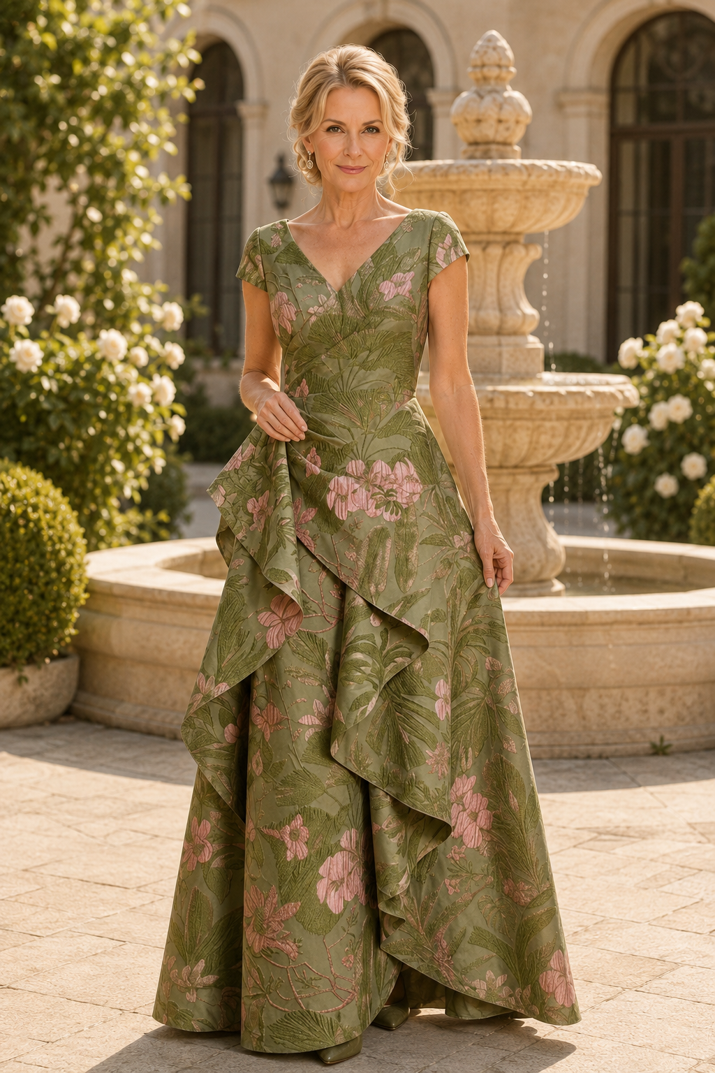 Floral Jacquard A-Line Gown with Cascading Ruffle