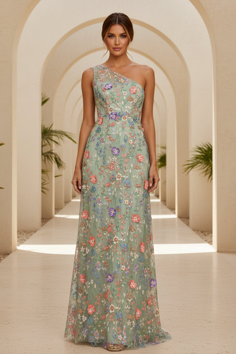 Embroidered Floral One-Shoulder Evening Gown