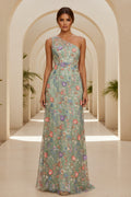 Embroidered Floral One-Shoulder Evening Gown