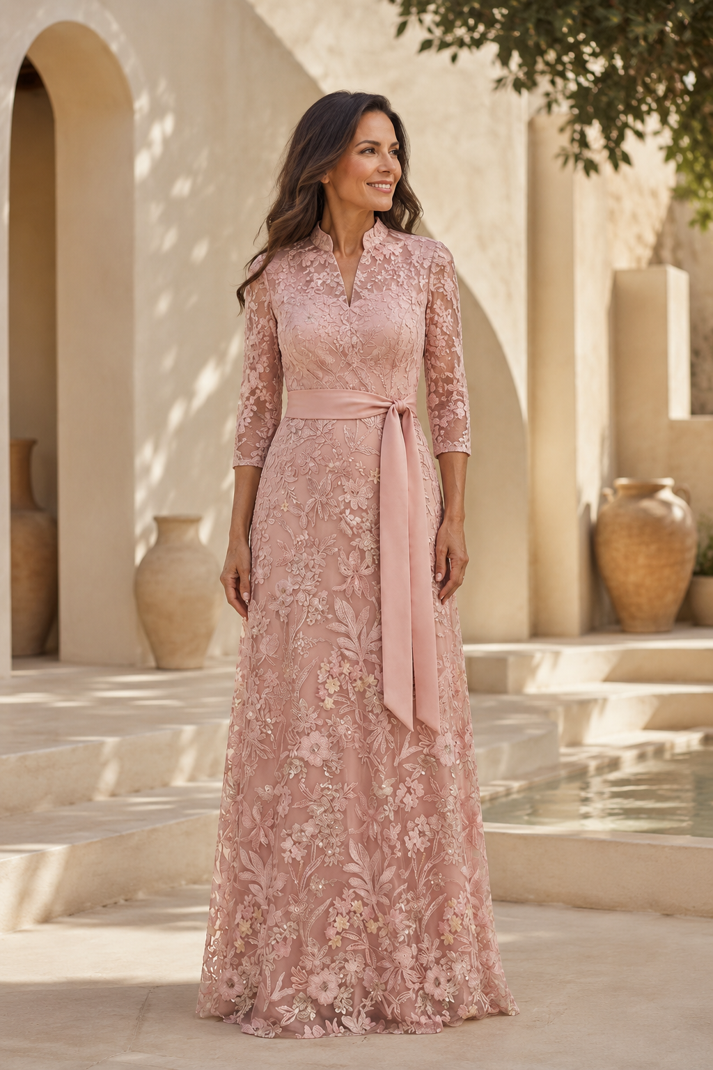 A-Line Lace Evening Gown with 3/4 Sleeves and Sash