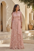A-Line Lace Evening Gown with 3/4 Sleeves and Sash