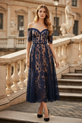 Off-Shoulder Lace Tea-Length Dress