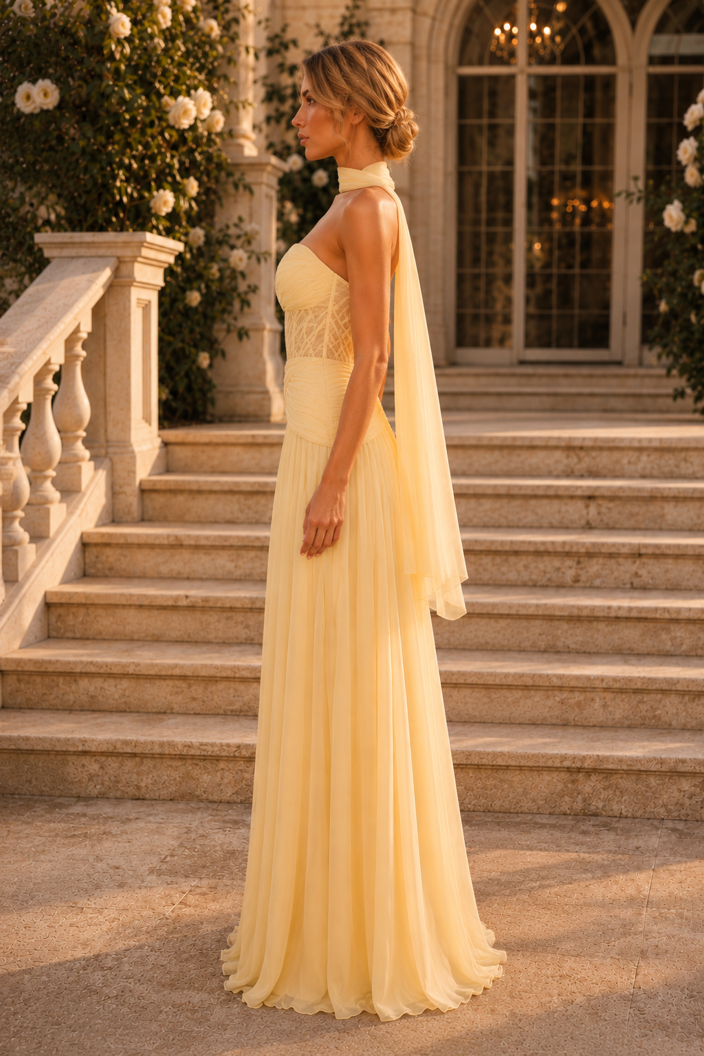 Trägerloses Korsett-Chiffonkleid mit Schal