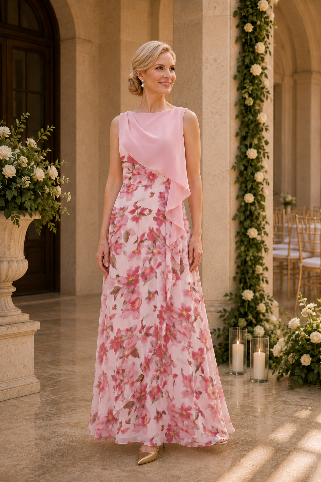 Floral Chiffon A-Line Gown with Draped Bodice