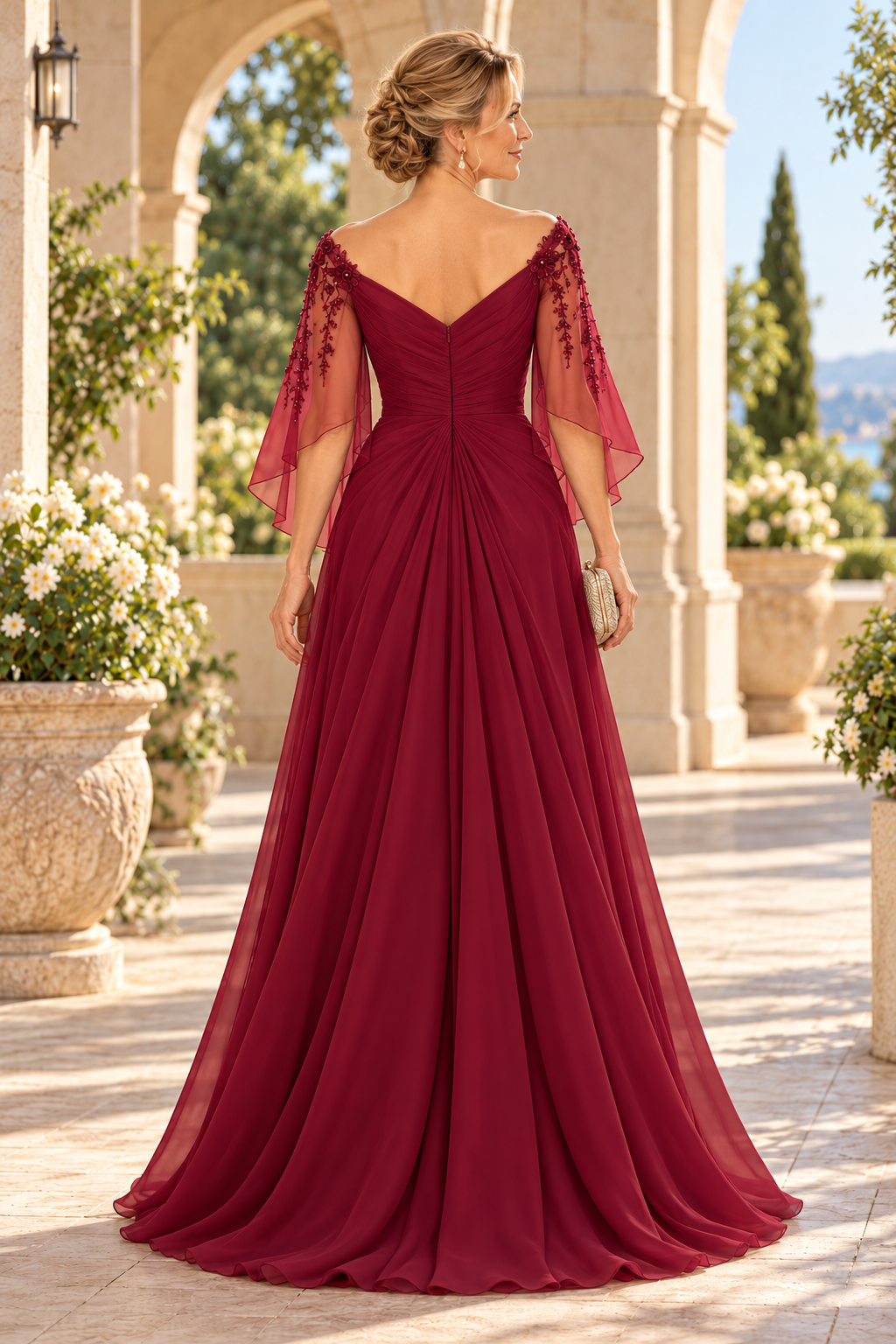 Pleated Chiffon Gown with Flutter Sleeves