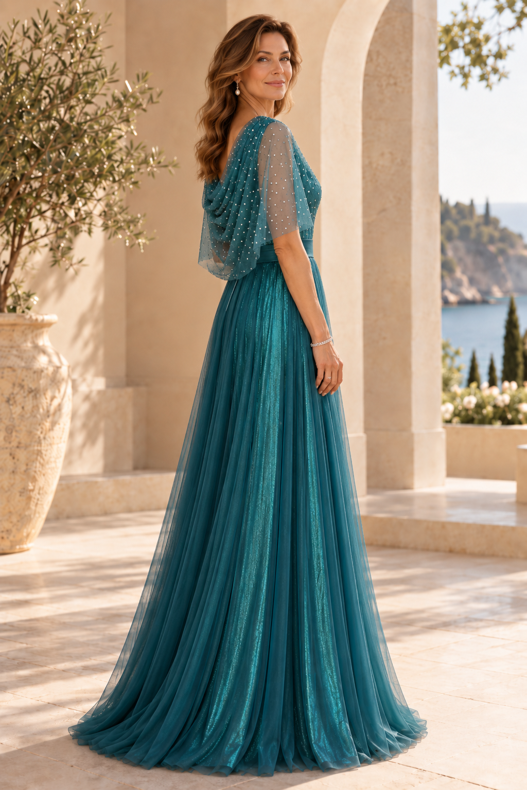 Glitter Tulle Cowl Neck A-Line Gown with Capelet