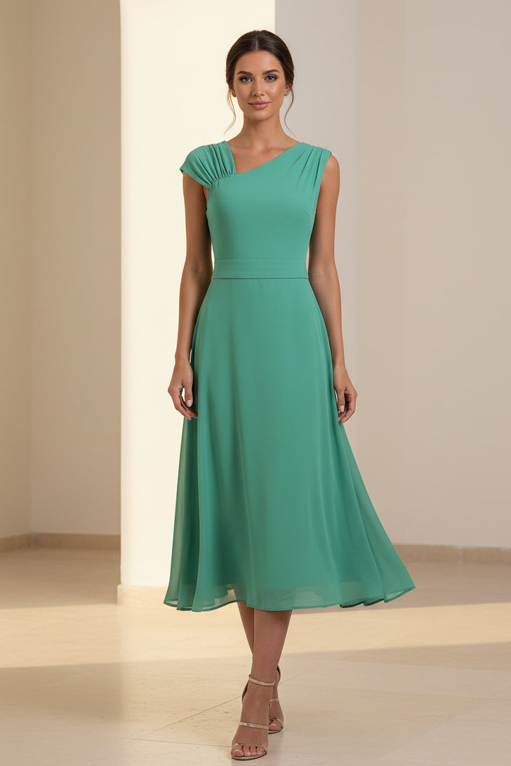 One-Shoulder Pleated A-Line Midi Dress
