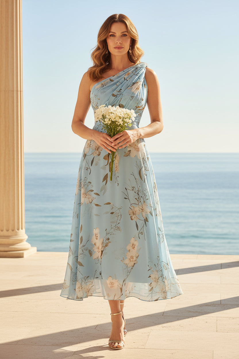 One-Shoulder Floral Chiffon Midi Dress