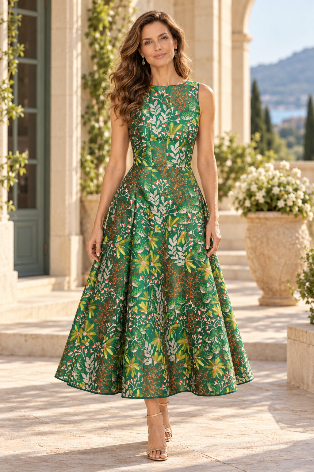 Floral Botanical Print Sleeveless Midi Dress