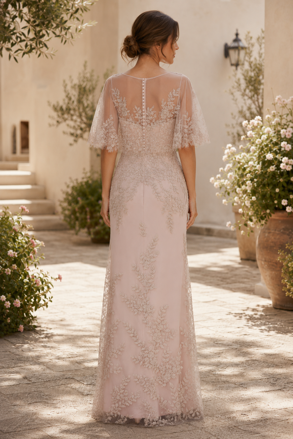 Illusion Neckline Lace Cape Sleeve Evening Gown