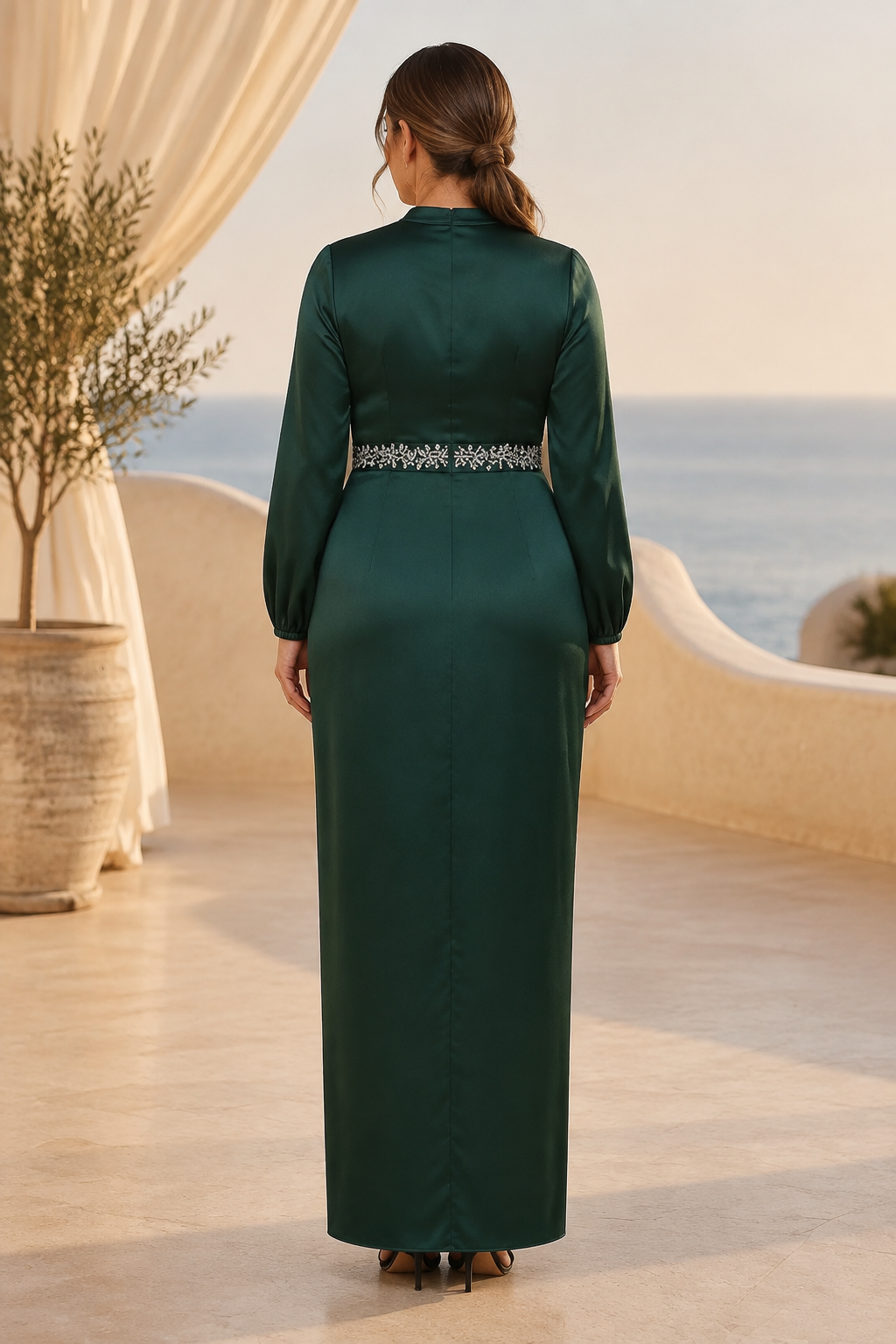Long Sleeve Satin Column Gown with Crystal Waistband