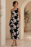 One-Shoulder Floral Print Midi Dress with Side Ruffle