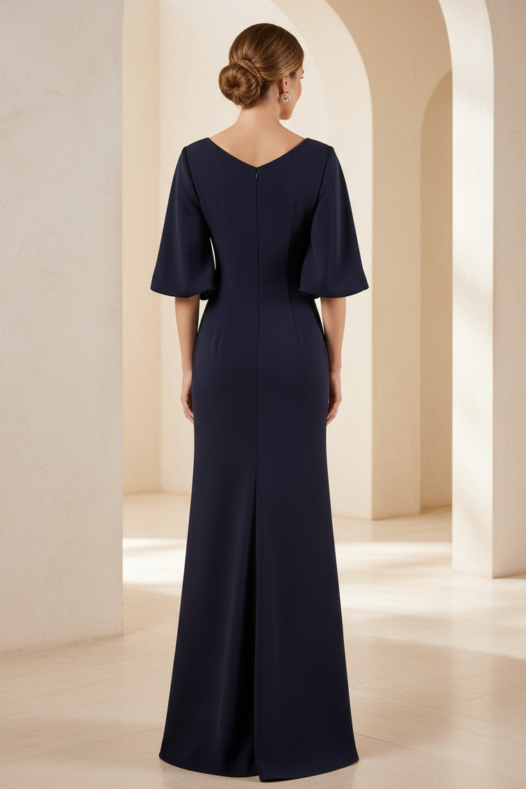 V-Neck Half Sleeve Crepe Trumpet Gown with Slit