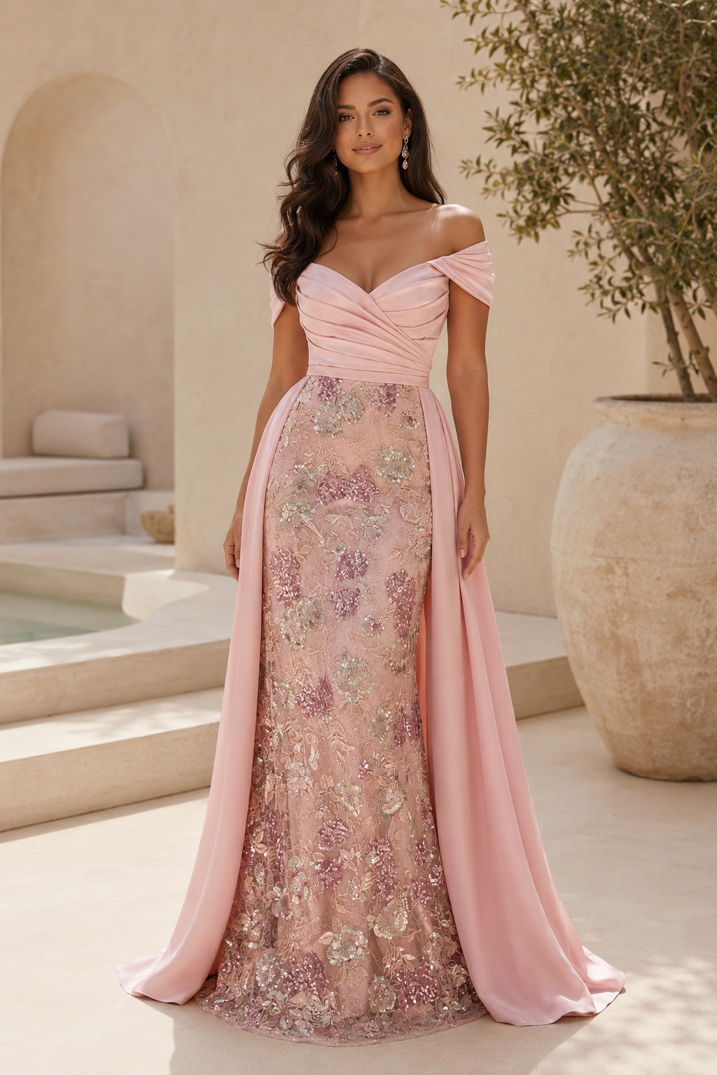 Off-Shoulder Floral Sequin Mermaid Gown with Overskirt
