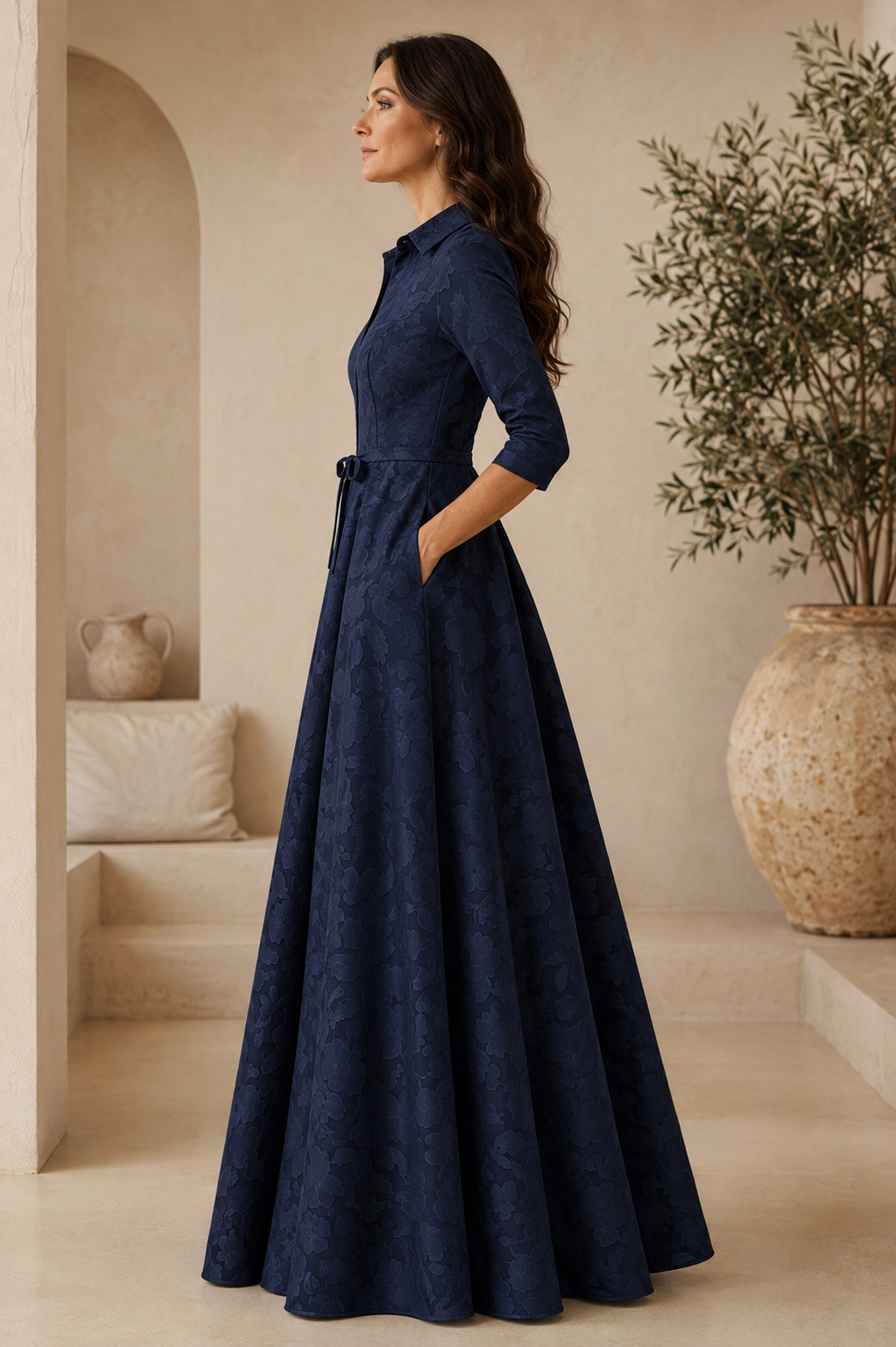 Collared V-Neck A-Line Gown with 3/4 Sleeves & Tie Belt