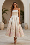 Strapless Floral Jacquard Tea-Length Dress
