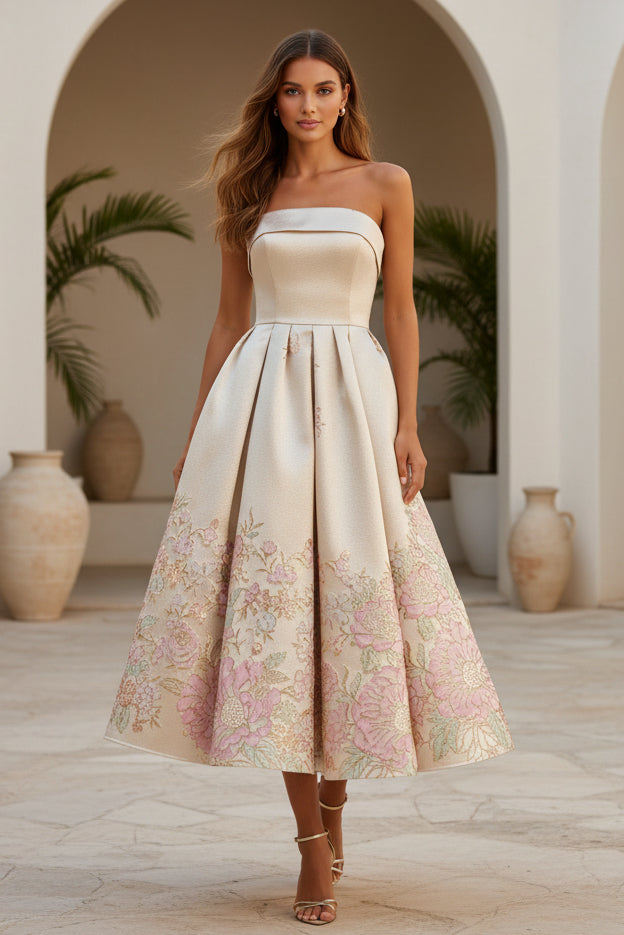 Strapless Floral Jacquard Tea-Length Dress