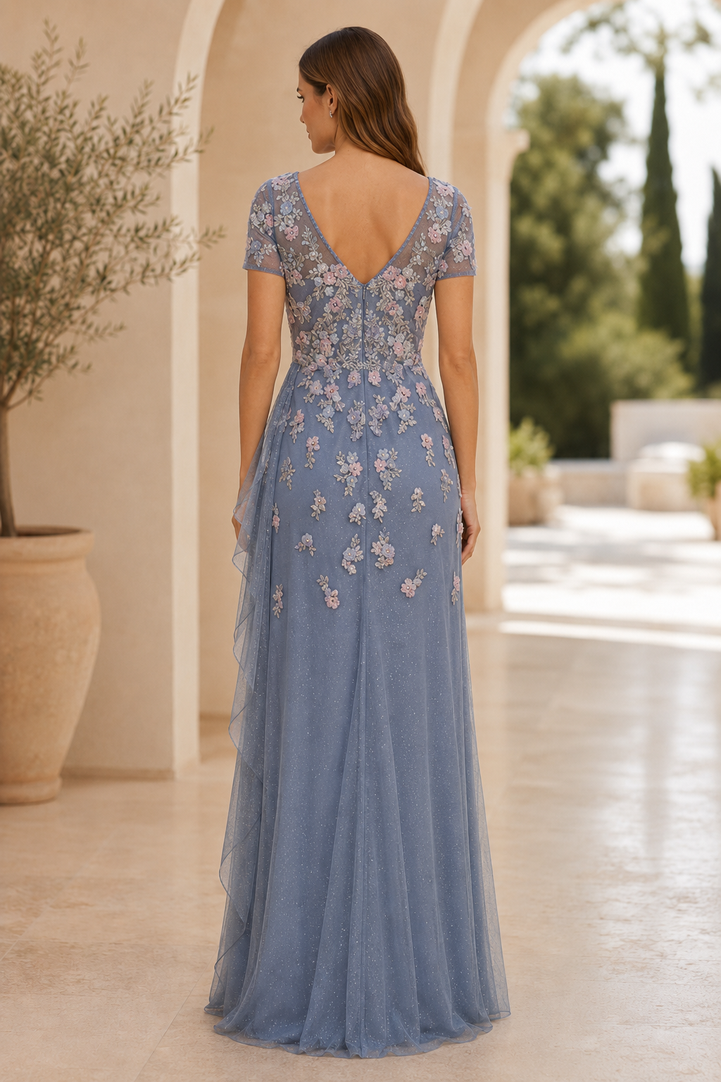 Embroidered Floral Glitter A-Line Evening Gown