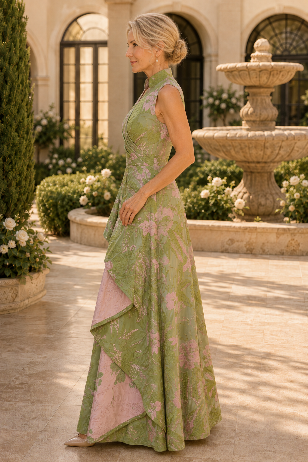 Floral Jacquard A-Line Gown with Draped Peplum