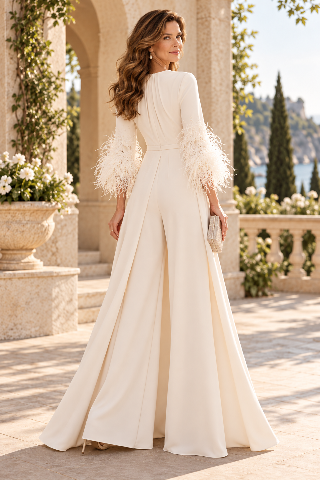 Wide-Leg Formal Jumpsuit with Feather Cuffs