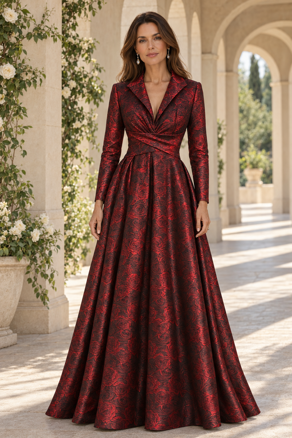 Floral Jacquard Long-Sleeve Ball Gown