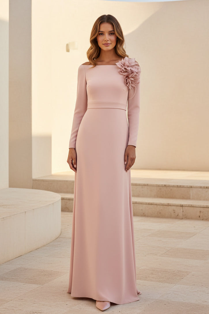 Elegant Long Sleeve Evening Gown with 3D Flower