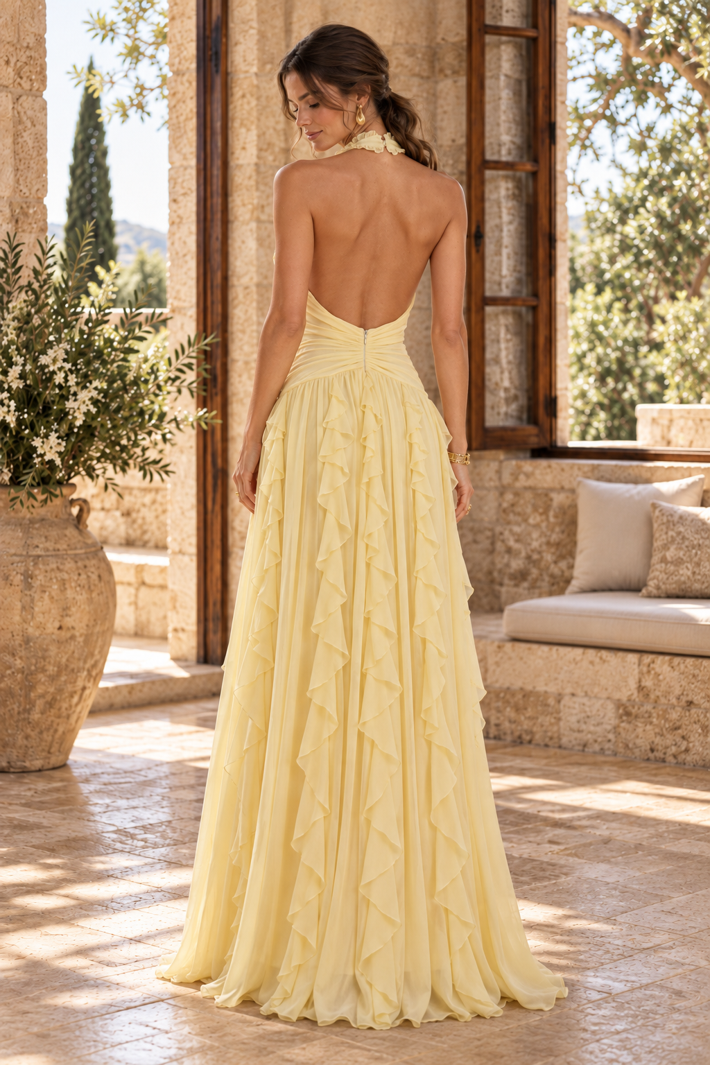 Halter Backless Maxi Dress with Cascading Ruffles