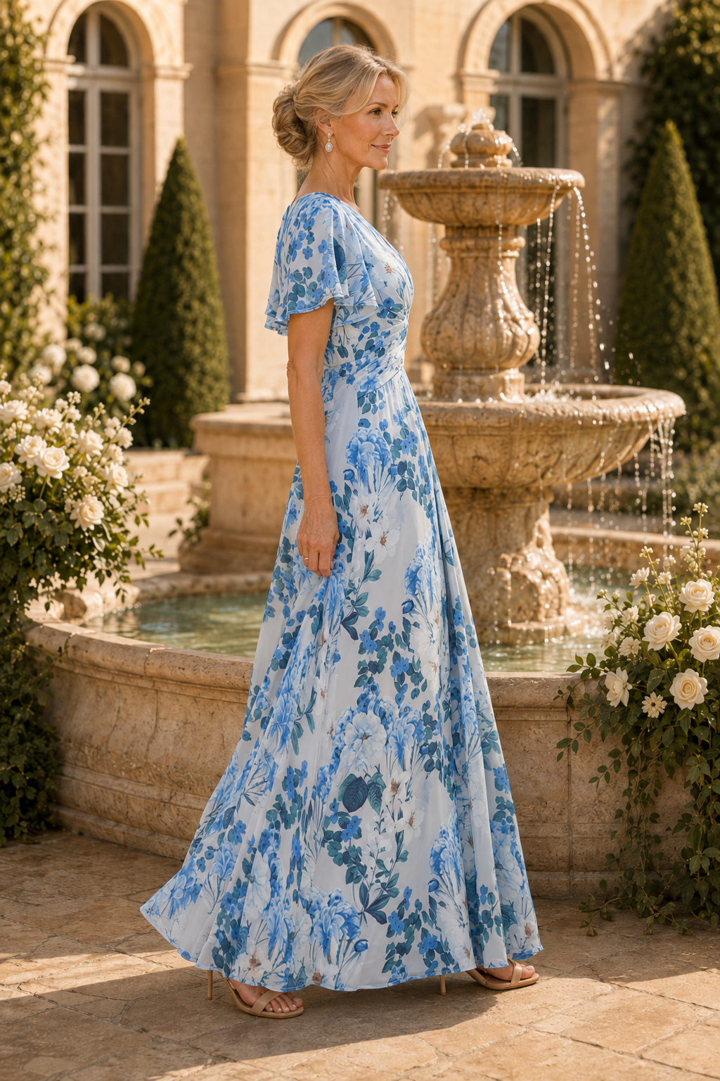 Floral Print Ruched Bodice Flutter Sleeve Maxi Dress