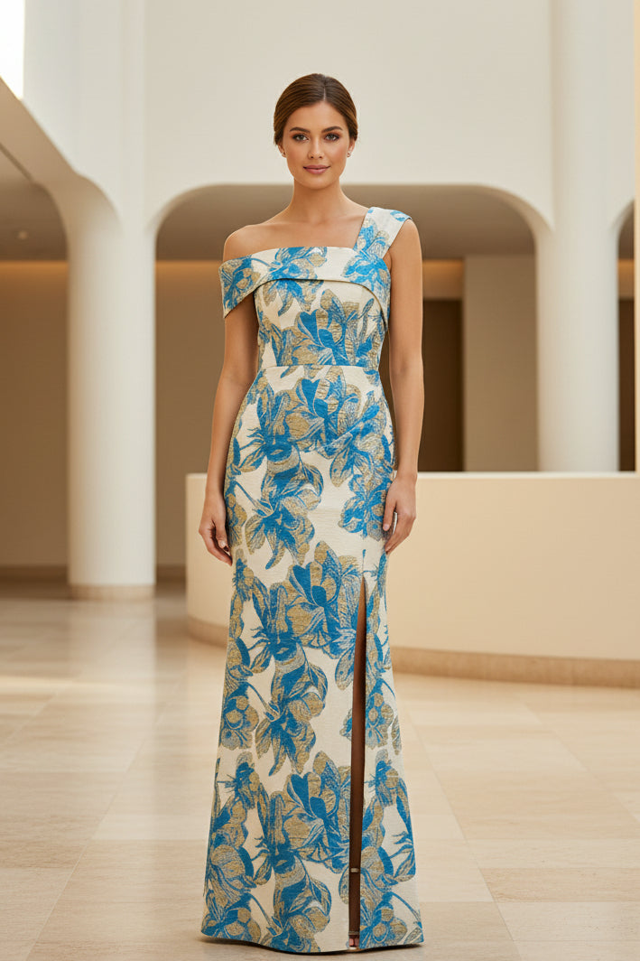 Floral Jacquard One-Shoulder Slit Evening Gown