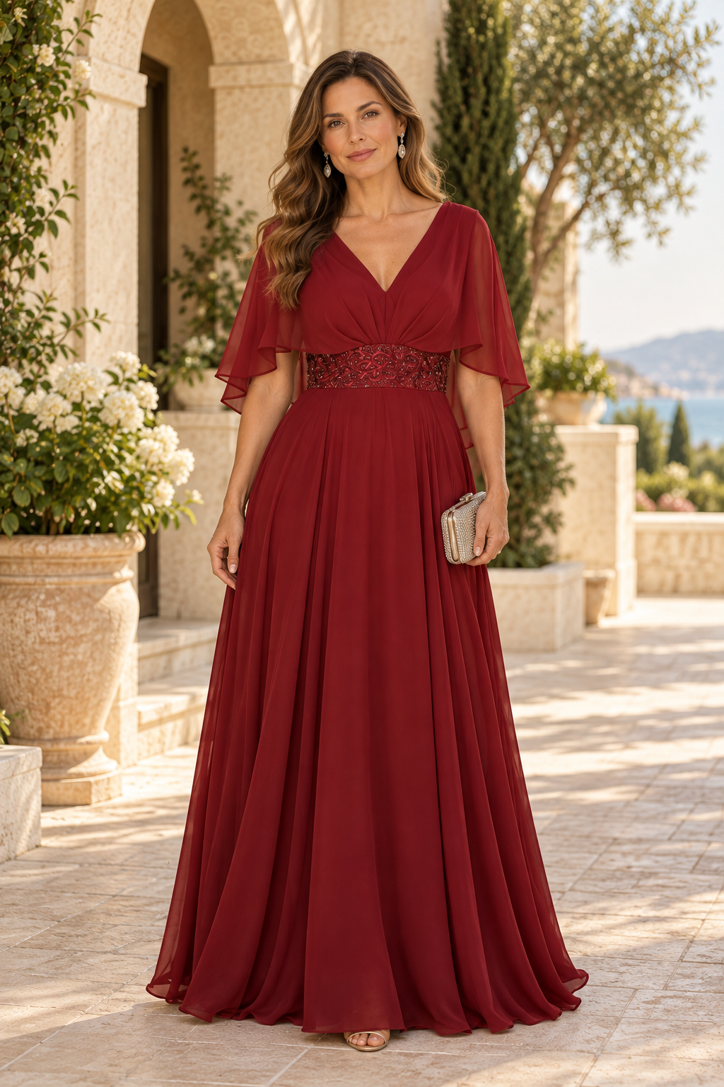 Flutter Sleeve V-Neck A-Line Gown with Beaded Waist