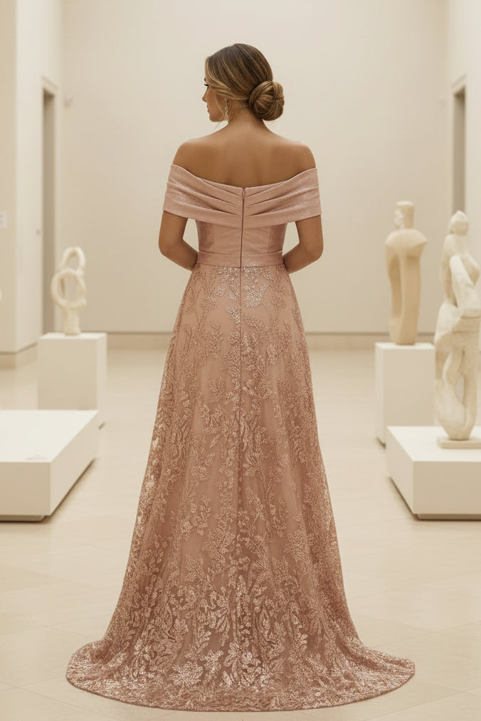 Off Shoulder Lace Sequin A-Line Formal Evening Gown