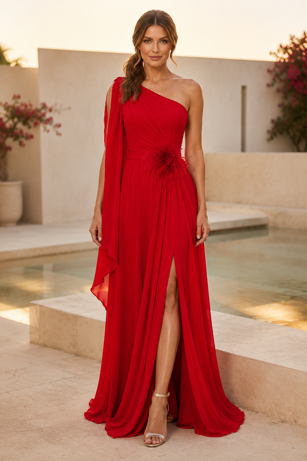 One-Shoulder Chiffon Gown with Draped Cascade Panel