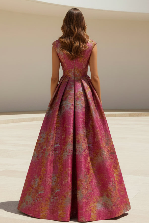 High Neck Metallic Jacquard Ball Gown