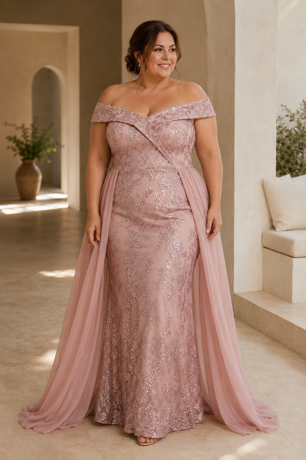 Off-the-Shoulder Lace Mermaid Gown with Overskirt