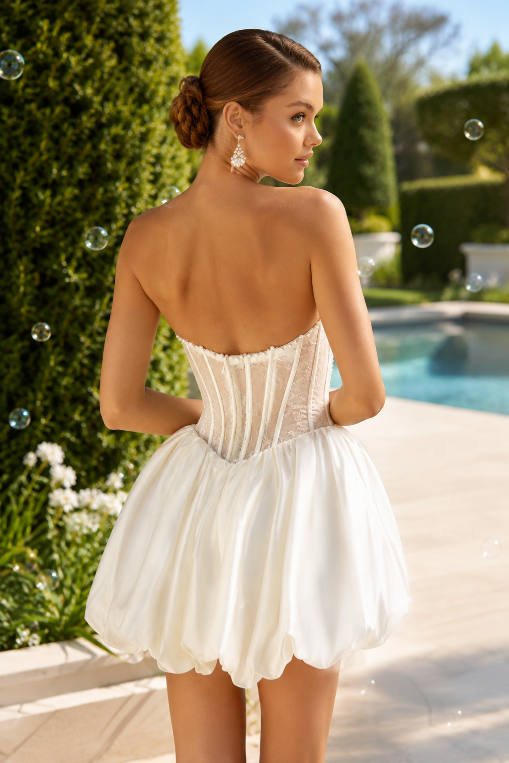 Strapless Pearl Corset Bubble Skirt Mini Dress